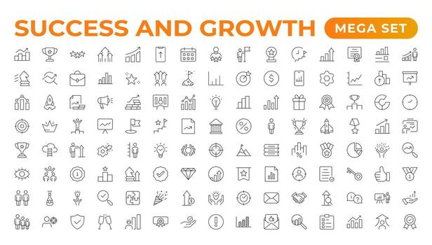 Growth and success line icons collection. Big UI icon set in a flat design. Thin outline pack. Growth and Success set. Successful business development, plan process symbol. vector