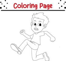 cute boy running away coloring book page for kids. vector