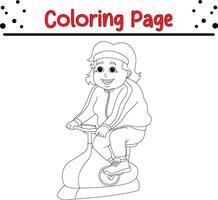 happy grand mother riding exercise bike coloring book page for kids. vector