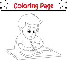 little boy studying table coloring book page for kids. vector