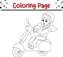 young girl riding scooter coloring book page for kids. vector