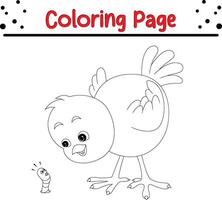 little bird with worm coloring book page for kids. vector