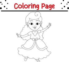 happy little girl beautiful dress coloring book page for kids. vector