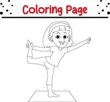 young girl doing yoga exercises coloring book page for kids. vector