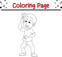 pequeño chico dolor con bache su cabeza colorante libro página para niños. vector