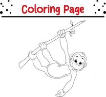 monkey hanging tree coloring book page for kids. vector