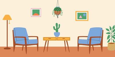 Living room interior with armchairs and macrame plant. vector
