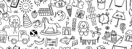 Seamless pattern with daycare doodle elements. Rocket, hopscotch, toys, horse, house, sun and other elements. vector