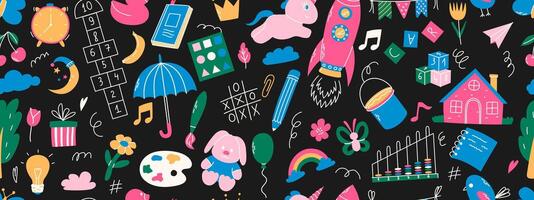 Colorful seamless pattern with daycare doodle elements. Unicorn, hopscotch, toys, crown, umbrella, house, tree and other elements. vector