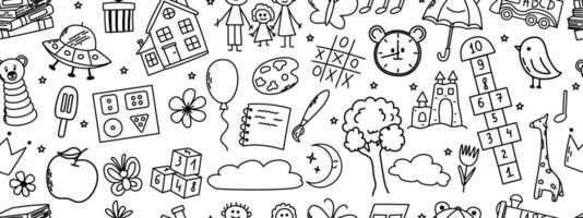 Seamless pattern with daycare doodle. Book, hopscotch, toys, flower, umbrella, house, clock and other elements. vector