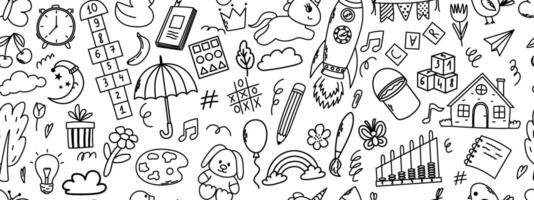 Seamless pattern with daycare doodle elements. Unicorn, hopscotch, toys, crown, umbrella, house, tree and other elements. vector