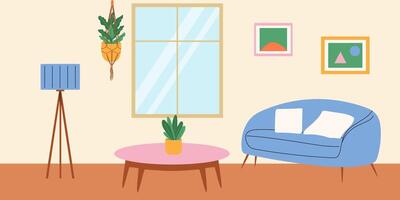 vivo habitación con ventana y macramé planta. ilustración. vector