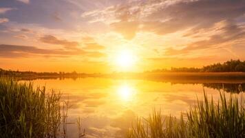 Scenic view of beautiful sunset or sunrise above the pond or lake at spring or early summer evening. photo