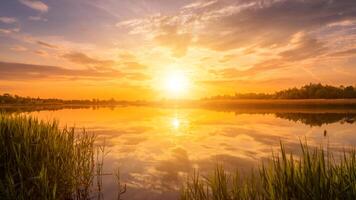 Scenic view of beautiful sunset or sunrise above the pond or lake at spring or early summer evening. photo