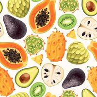 Seamless pattern with high detailed sliced exotic fruits vector