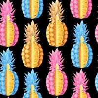 Seamless pattern with high detailed pineapples of different colors on black background vector