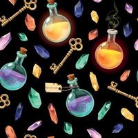 Seamless pattern with crystals and potions on black background vector