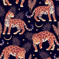 Seamless pattern with leopards and tropical leaves. Trendy style. vector