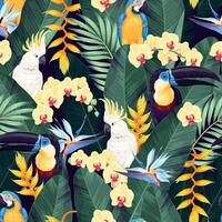 Seamless pattern with exotic flowers, macaw, toucan and cockatoo vector