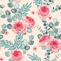 Seamless pattern with pink roses and eucalyptus on black background vector