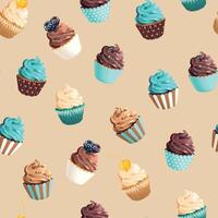 Seamless pattern with high detailed pastel color cupcakes with berries vector