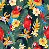 Seamless pattern with exotic flowers, red macaw and palm leaves vector