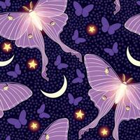 Pink moon moth with moon and stars seamless pattern vector