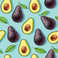 Seamless pattern with avocado, whole and sliced and leaves vector