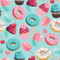 Seamless pattern with pink and teal cupcakes, macarons and donuts vector