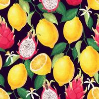 Seamless pattern with high detailed lemon and dragon fruit vector