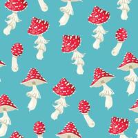 Fly agaric red mushrooms seamless pattern on blue background vector