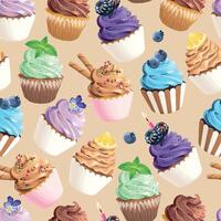 Seamless pattern with high detailed pastel color cupcakes with berries and candles vector