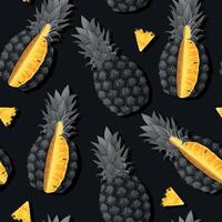 Seamless pattern with high detailed black pineapples whole and sliced vector