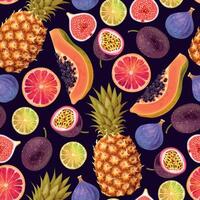 Seamless pattern with exotic fruit slices on dark background vector