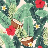 Seamless pattern with palm leaves and tropical flowers vector