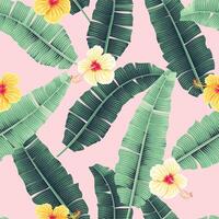 Seamless pattern with palm leaves and tropical flowers vector