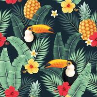 Seamless pattern with flowers, palm leaves and toucan vector