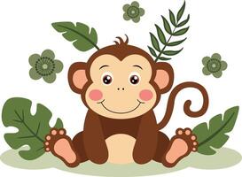 Cute monkey in the jungle with leaves vector