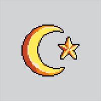 Pixel art illustration Crescent Moon. Pixelated Moon Stars. Crescent Moon and Stars fruit pixelated for the pixel art game and icon for website and game. vector