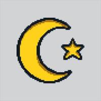 píxel Arte ilustración creciente Luna. pixelado Luna estrellas. creciente Luna y estrellas Fruta pixelado para el píxel Arte juego y icono para sitio web y juego. vector