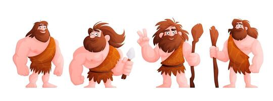 Cave man, prehistoric primitive people in stone age cartoon set. Neanderthal in the skin of an animal with a club in his hand. Primitive man character isolated illustration vector