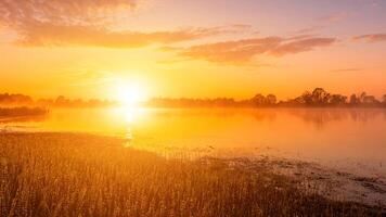 Scenic view of beautiful sunrise or dawn above the pond or lake at spring or early summer morning. photo