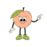 Ripe sweet peach in flat style. Peach character. Funny cartoon retro character in flat style. Groovy peach. vector