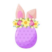 Easter decorative egg. Easter egg with flower wreath in flat style. Easter decor. Cartoon Easter bunny in flat style. vector