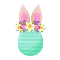 Easter egg with flowers and bunny ears in flat style. Easter decor. Easter bunny. vector