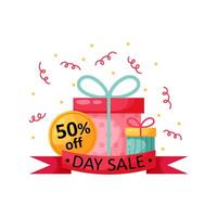 Day of discounts. Illustration with gift boxes in flat style. 50 percent discount. vector
