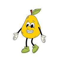 Ripe yellow pear in flat style. Pear character. Funny cartoon retro character in flat style. Groovy pear. vector