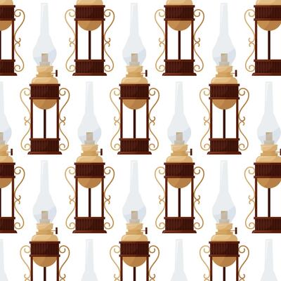 Antique oil lamp. Vintage item in flat style. Pattern for textile, wrapping paper, background.