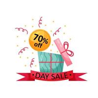 Day of discounts. Illustration with gift boxes in flat style. 70 percent discount. Mega Discounts vector