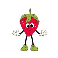 Ripe strawberry in flat style. Strawberry character. Funny cartoon retro character in flat style. Groovy strawberry. vector